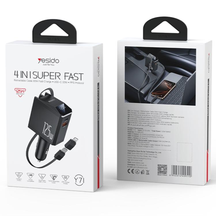 Yesido Y71 125W Type-C + 8 Pin Retractable Cable 3 in 1 Car Charger