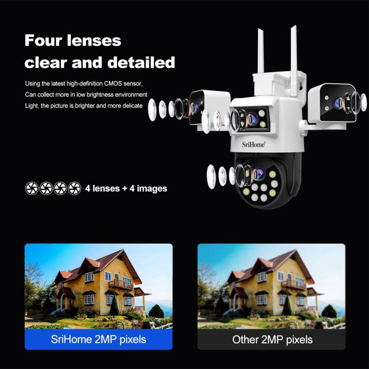 SriHome SH066 8MP HD Quad Lens Security Camera, Support Full Color Night Vision / Two-way Audio