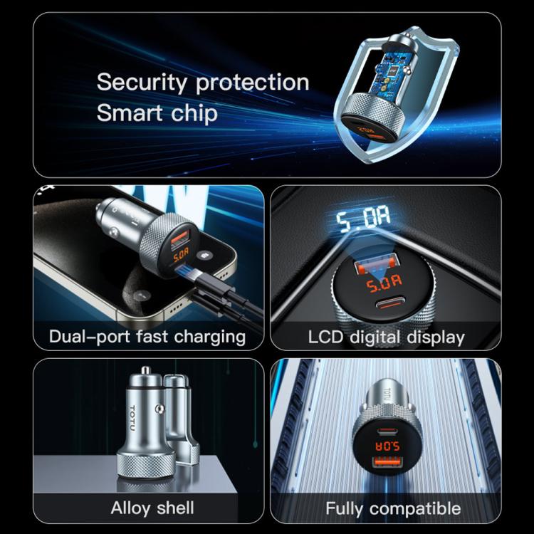 TOTU CC-4 48W USB-A and USB-C / Type-C Digital Display Dual Ports Fast Charging Car Charger