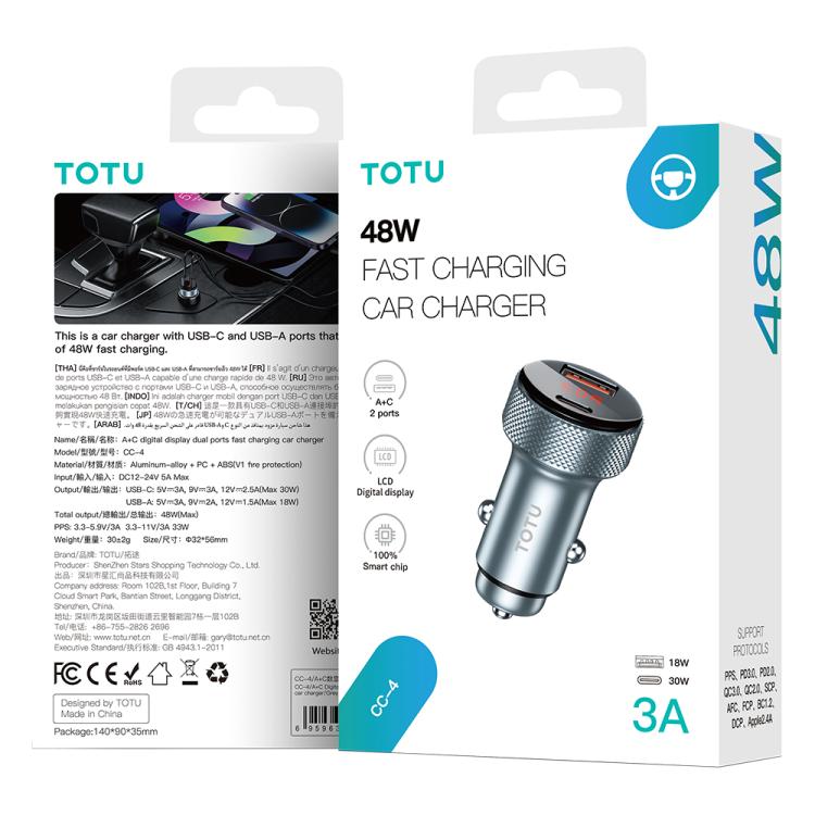 TOTU CC-4 48W USB-A and USB-C / Type-C Digital Display Dual Ports Fast Charging Car Charger