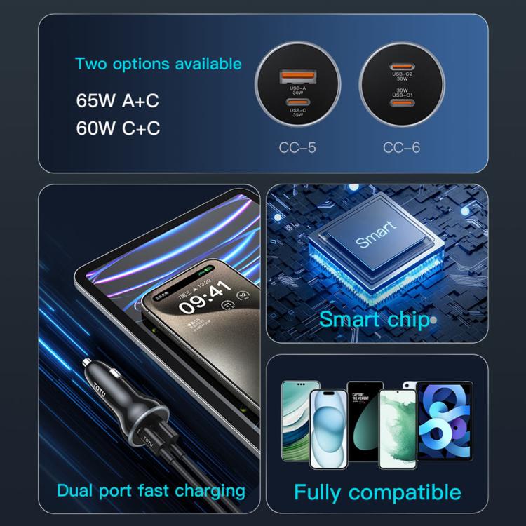 TOTU CC-5 65W USB-A and USB-C / Type-C Dual Ports Fast Charging Car Charger