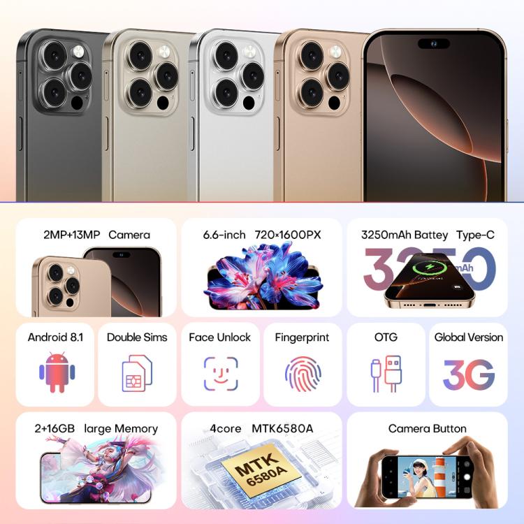 A88 / i16 Pro Max, 2GB+16GB, 6.6 inch Android 8.1 MTK6580A Quad Core, OTG, Network: 3G, Dual SIM