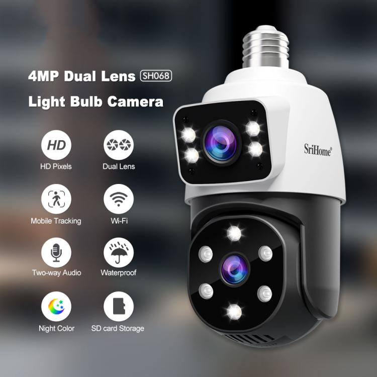 SriHome SH068 E27 4MP HD Dual Lens Light Bulb Camera Outdoor IP66 Waterproof