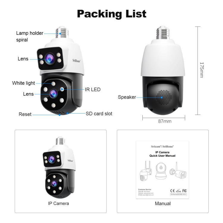 SriHome SH068 E27 4MP HD Dual Lens Light Bulb Camera Outdoor IP66 Waterproof