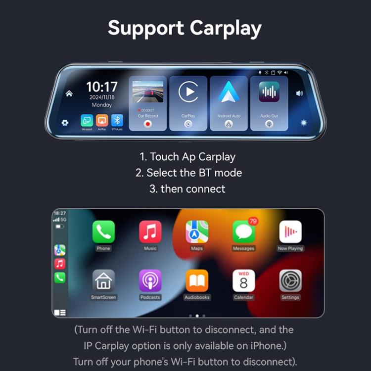 Yesido KM24 9.66 inch HD Image Reversing Assist CarPlay Streaming Rearview Mirror Dash Cam