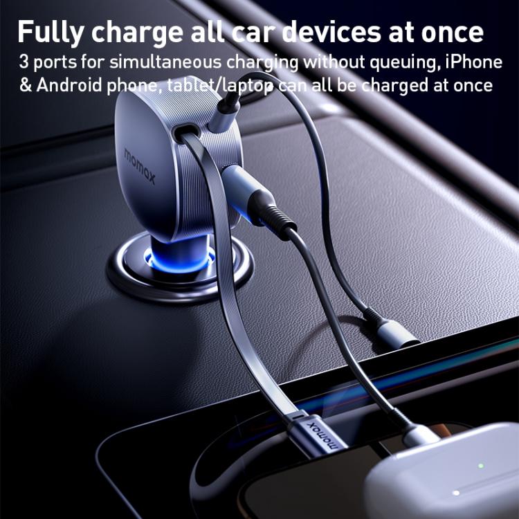 MOMAX UC19 60W 3 in 1 Car Charger with Retractable Cable
