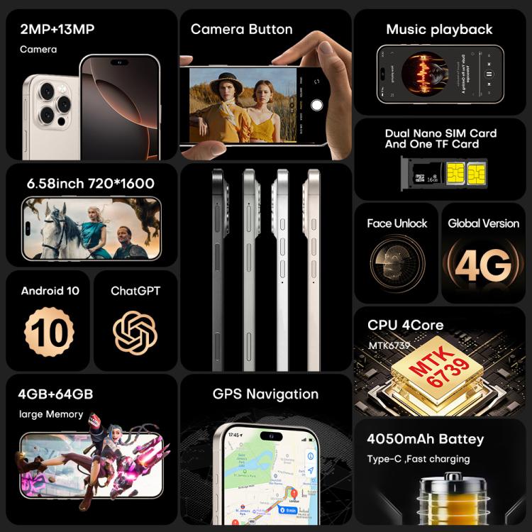 I16 Pro Max / PDQ6, 4GB+64GB, 6.58 inch Android 10 MTK6739 Quad Core, Network: 4G, Dual SIM