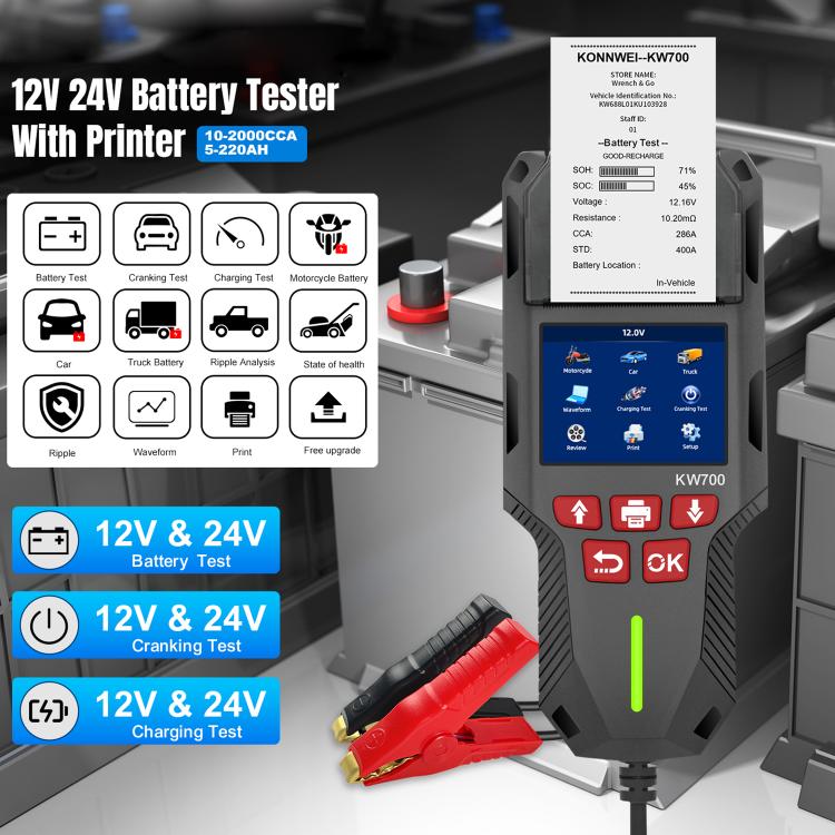 KONNWEI KW700 12V / 24V 2.8 inch Color Screen Car Battery Tester with Printer