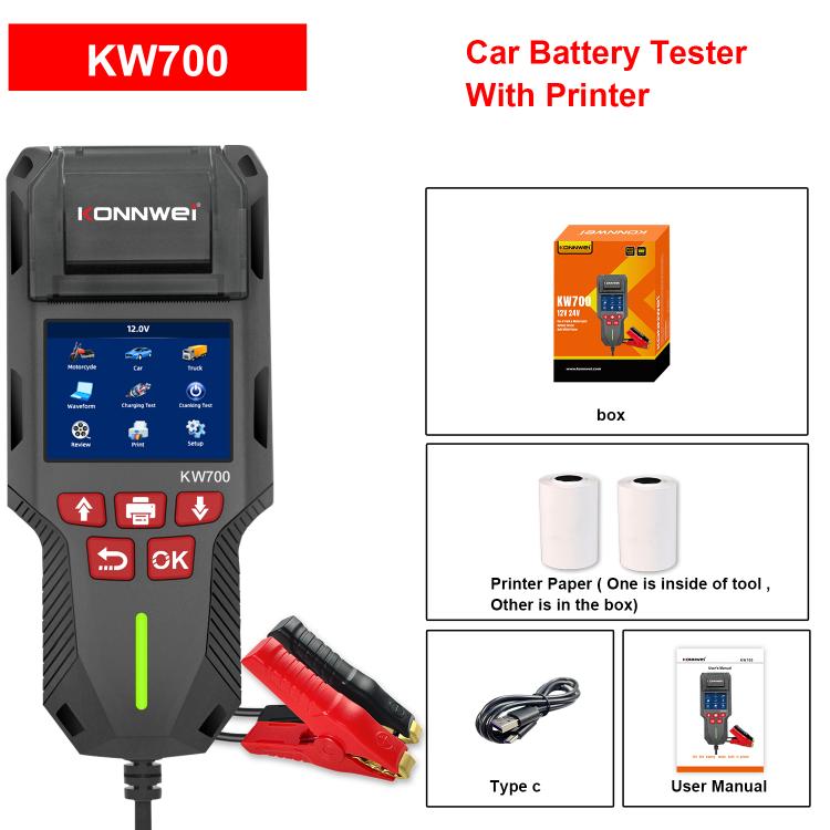 KONNWEI KW700 12V / 24V 2.8 inch Color Screen Car Battery Tester with Printer