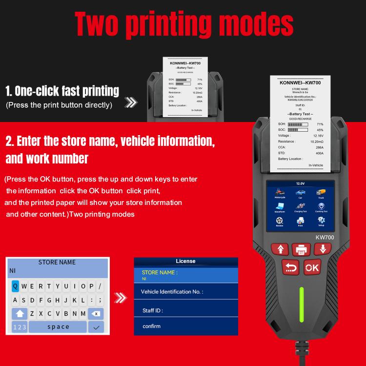 KONNWEI KW700 12V / 24V 2.8 inch Color Screen Car Battery Tester with Printer