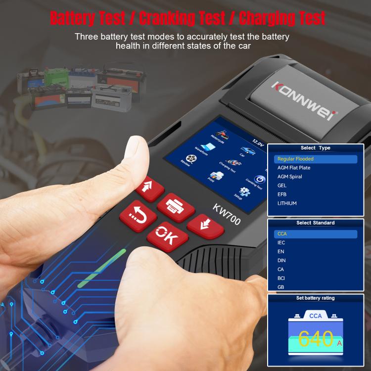 KONNWEI KW700 12V / 24V 2.8 inch Color Screen Car Battery Tester with Printer