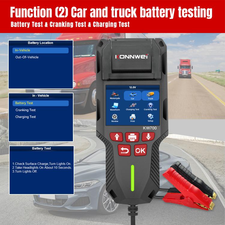 KONNWEI KW700 12V / 24V 2.8 inch Color Screen Car Battery Tester with Printer