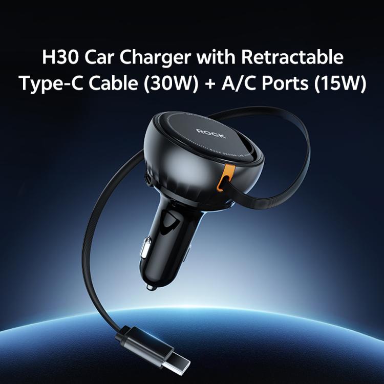 ROCK H30 45W USB-A Type-C Ports Car Charger with Retractable Type-C Cable