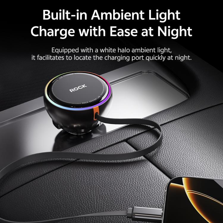 ROCK H30 45W USB-A Type-C Ports Car Charger with Retractable Type-C Cable