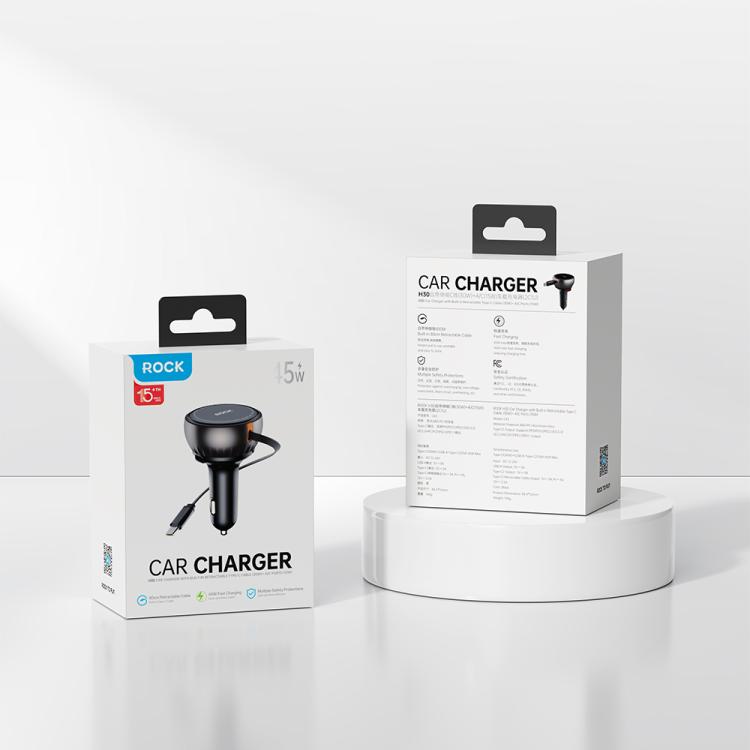 ROCK H30 45W USB-A Type-C Ports Car Charger with Retractable Type-C Cable