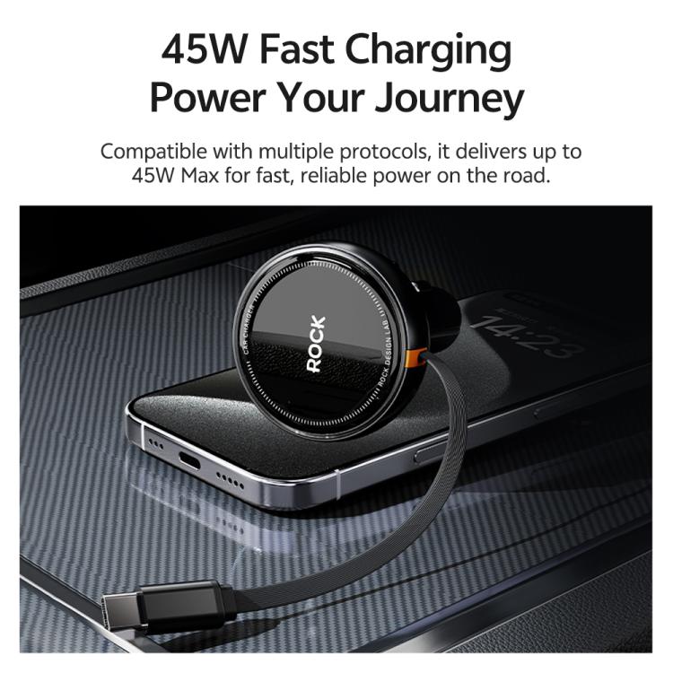 ROCK H30 45W USB-A Type-C Ports Car Charger with Retractable Type-C Cable