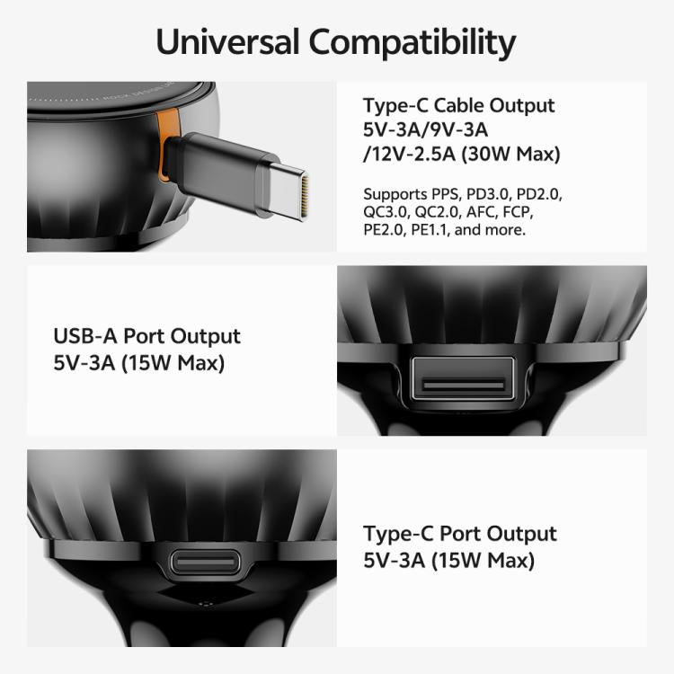 ROCK H30 45W USB-A Type-C Ports Car Charger with Retractable Type-C Cable
