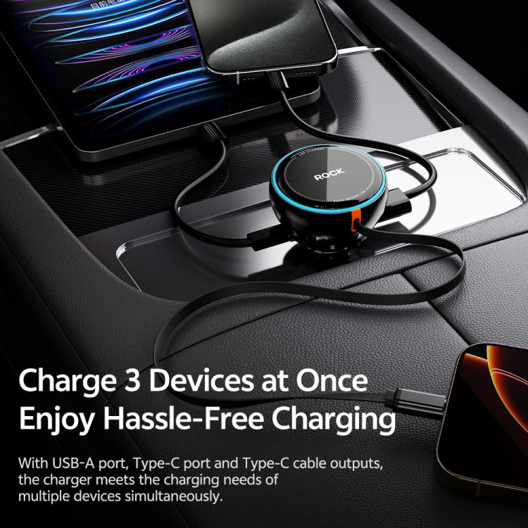 ROCK H30 45W USB-A Type-C Ports Car Charger with Retractable Type-C Cable