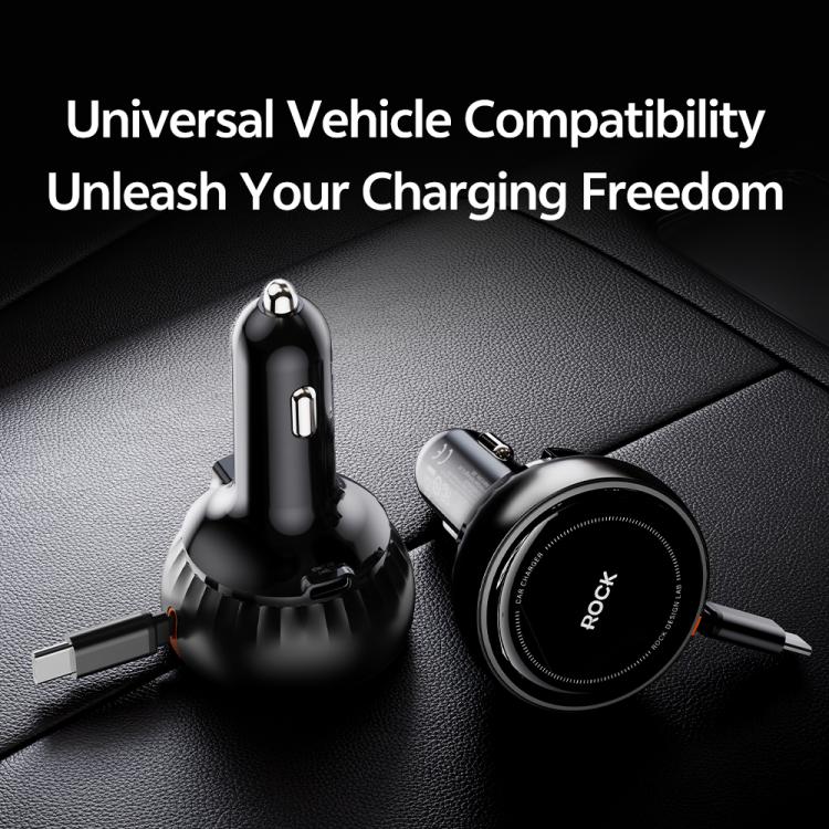ROCK H30 45W USB-A Type-C Ports Car Charger with Retractable Type-C Cable
