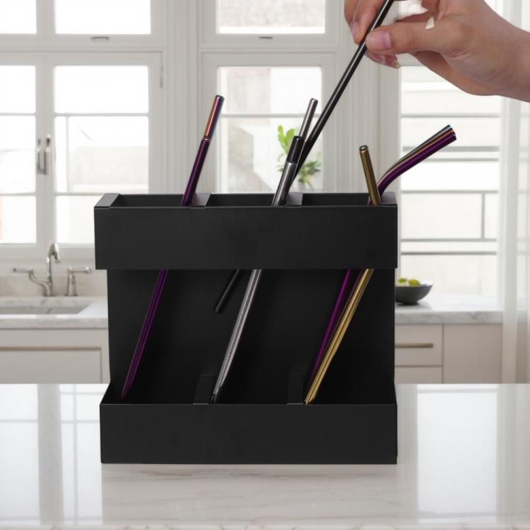 Three-grid Straw Cutlery Metal Storage Rack Kitchen Organizer