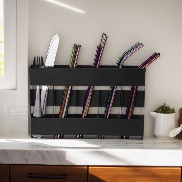 Five-grid Straw Cutlery Metal Storage Rack Kitchen Organizer