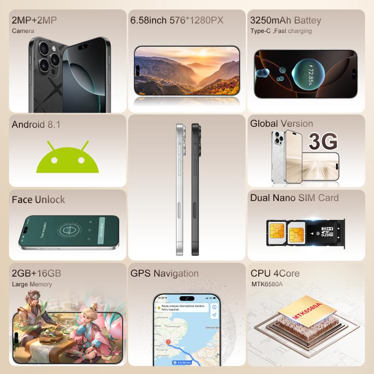 C16 Pro Max / A88-B, 2GB+16GB, 6.58 inch Android 8.1 MTK6580A Quad Core, Network: 3G, Dual SIM