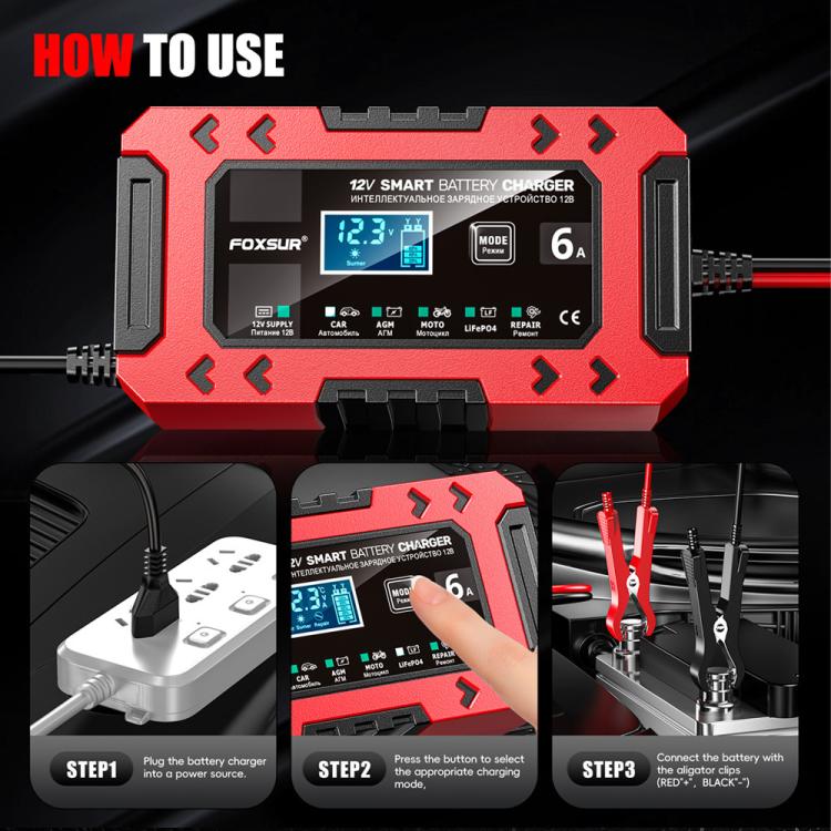 FOXSUR FBC1206F 12V 6A Car Motorcycle Battery Charger Smart Repair Multi-function Charger