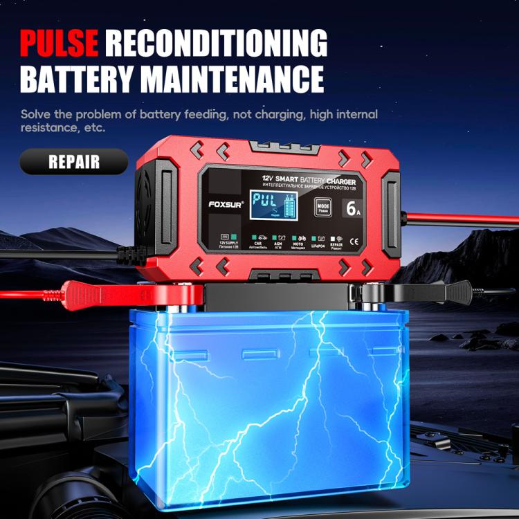 FOXSUR FBC1206F 12V 6A Car Motorcycle Battery Charger Smart Repair Multi-function Charger