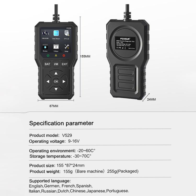 FOXSUR V529 OBD2 Car Engine Fault Code Reader Diagnostic Instrument