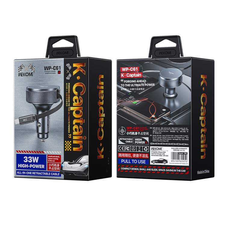 WK WP-C61 K-Captain Zinyao 33W Fast Car Charger with USB-C / Type-C Retractable Cable