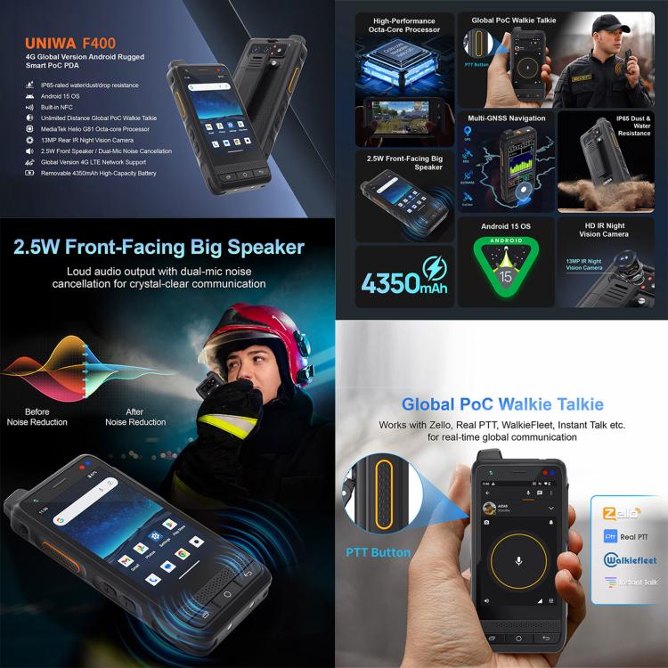 UNIWA F400 PoC Walkie Talkie Rugged Phone, Night Vision, 4GB+64GB, 4.0 inch Android 15  Mediatek Helio G81 Octa Core, Network: 4G, SOS, NFC