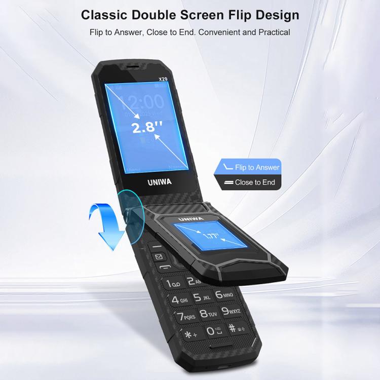 UNIWA X29 Keypad Flip Rugged Phone, 2.8 inch + 1.77 inch Double Screen, MT6261D, Network: 2G