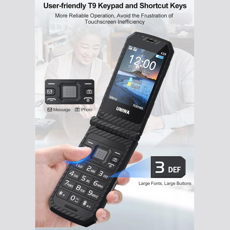 UNIWA X29 Keypad Flip Rugged Phone, 2.8 inch + 1.77 inch Double Screen, MT6261D, Network: 2G