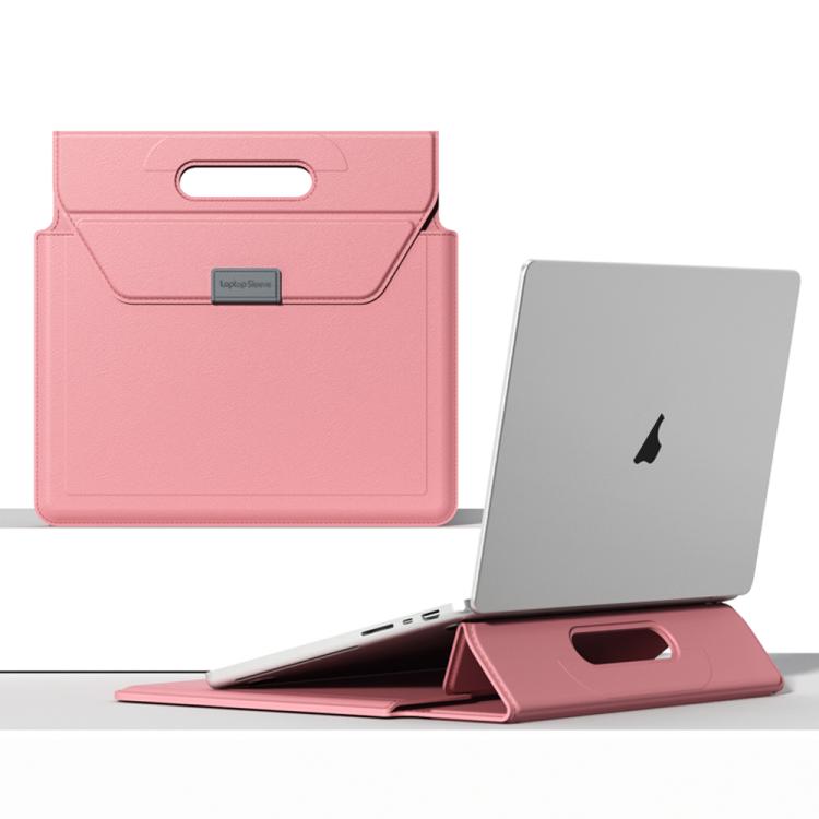 Handle Portable Laptop Briefcase PU Leather Laptop Sleeve with Foldable Stand