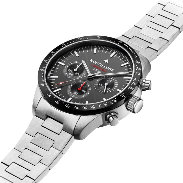 NORTH EDGE LONGWINGS Outdoor Men Solar Charging Stainless Steel Strap Sports Watch