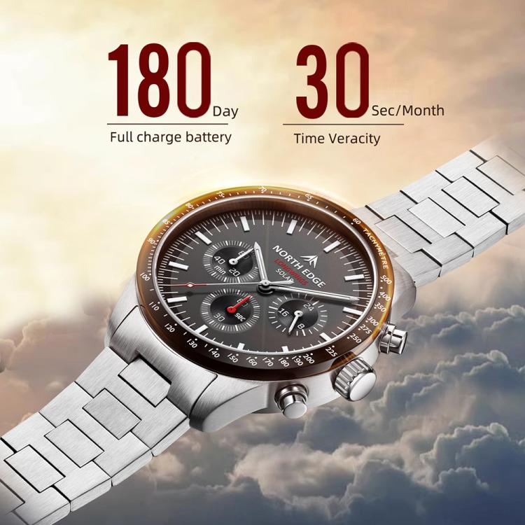 NORTH EDGE LONGWINGS Outdoor Men Solar Charging Stainless Steel Strap Sports Watch