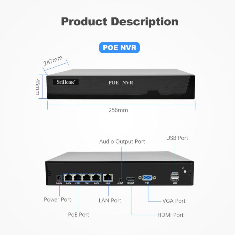 SriHome NVS005-POE030 3MP HD 4-CH POE Camera Network Video Recorder Kit