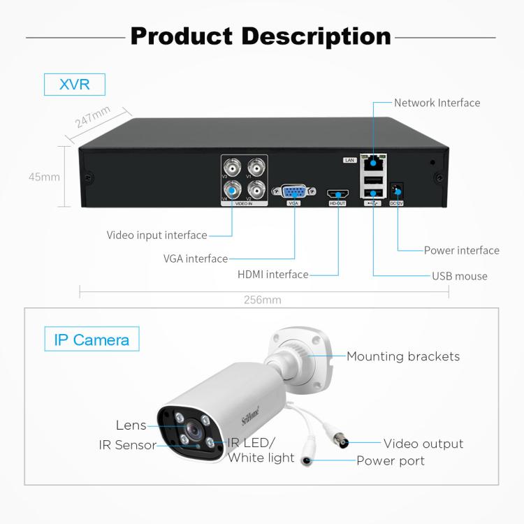 SriHome NVS008-AHD006 2MP HD 4-CH XVR NVR Camera Network Video Recorder Kit
