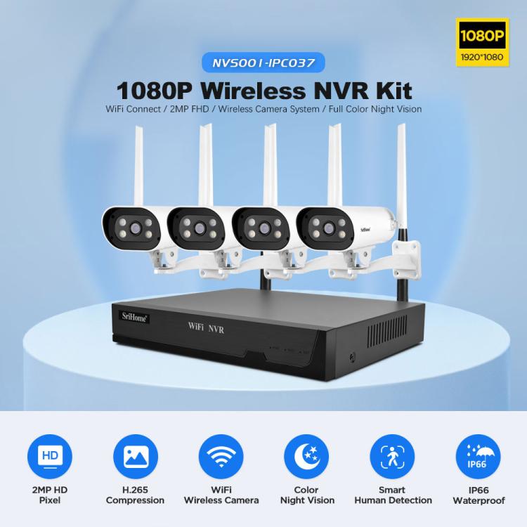 SriHome NVS001-IPC037 2MP HD 4-CH NVR WiFi IP Camera Kit