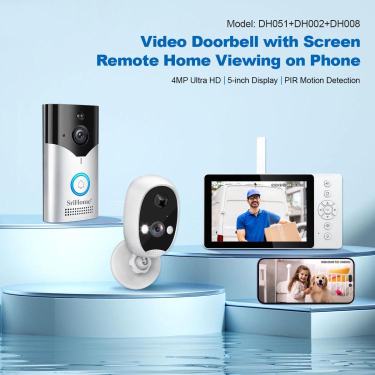 SriHome DH051+DH002+DH008 4MP HD Smart WiFi Video PIR Visual Doorbell Set