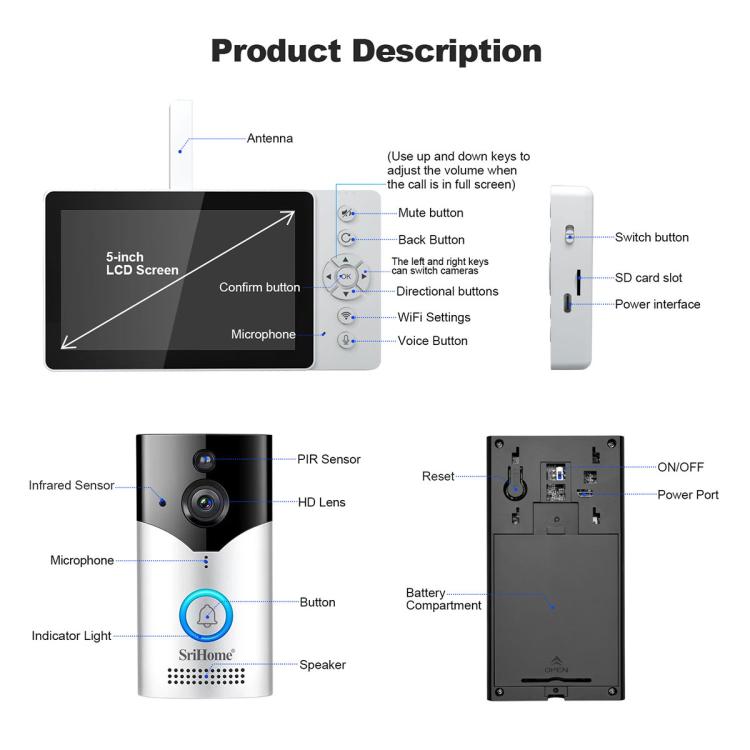 SriHome DH051+DH002+DH008 4MP HD Smart WiFi Video PIR Visual Doorbell Set