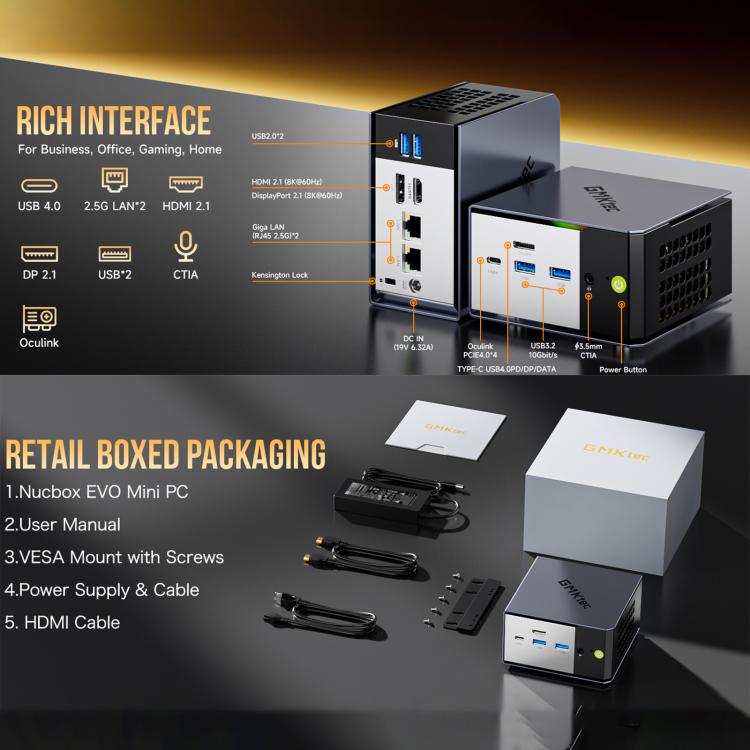 GMKtec EVO-X1 AI Mini PC, AMD Ryzen AI 9 HX 370, Radeon 890M, Oculink Port