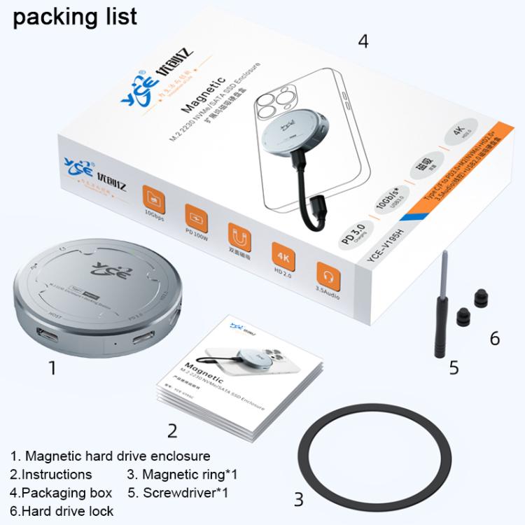 YCE-V195H USB-C / Type-C to PD3.0, HD2.0, USB3.2, 3.5mm, M.2 NVMe Magnetic Hard Drive Enclosure