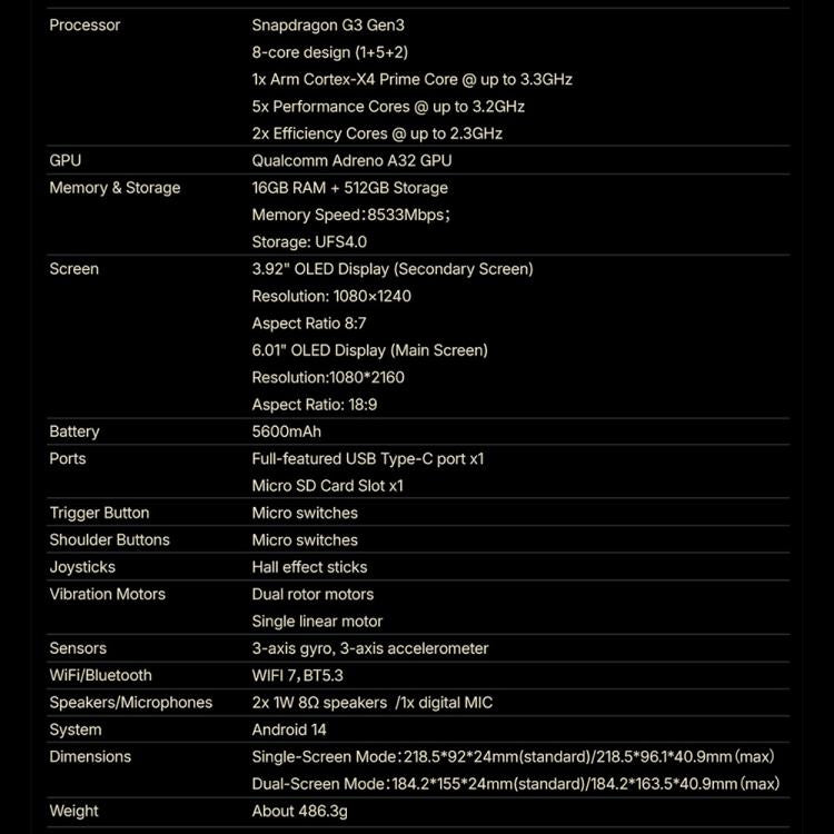 ONE-NETBOOK Sugar 1 Dual Screen Handheld Game Console, Android 14 Snapdragon G3 Gen3