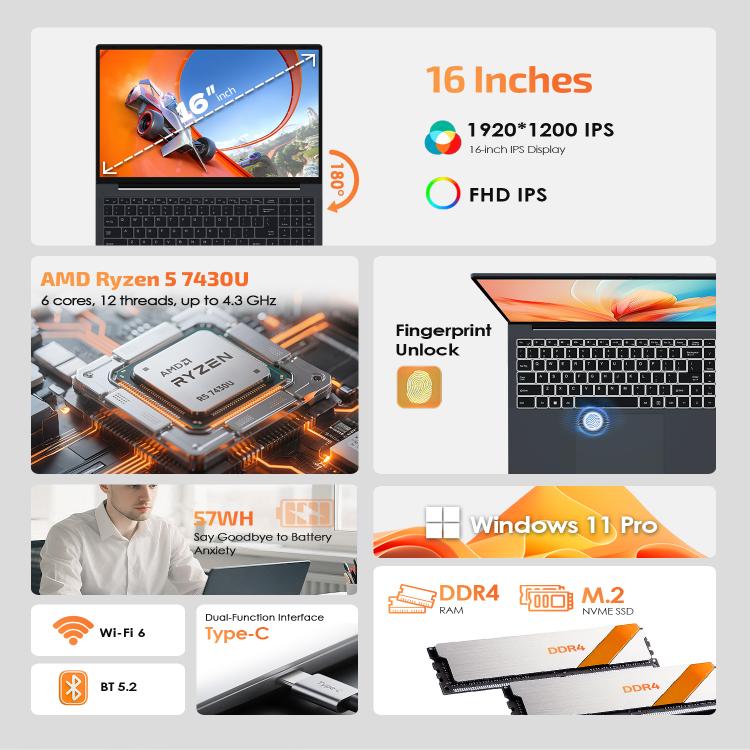 GXMO T160 16 inch Windows 11 Laptop, 16GB+512GB, AMD Ryzen 5 7430U Hexa Core Processor