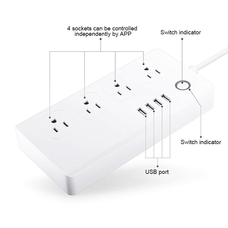 4 x USB Ports + 4 x US Plug Jack WiFi Remote Control Smart Power Socket Works with Alexa & Google Home, AC 110-240V, US Plug
