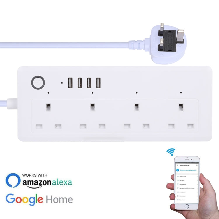 4 x USB Ports + 4 x UK Plug Jack 13A Max Output WiFi Remote Control Smart Power Socket Works with Alexa & Google Home, AC 100-240V, UK Plug
