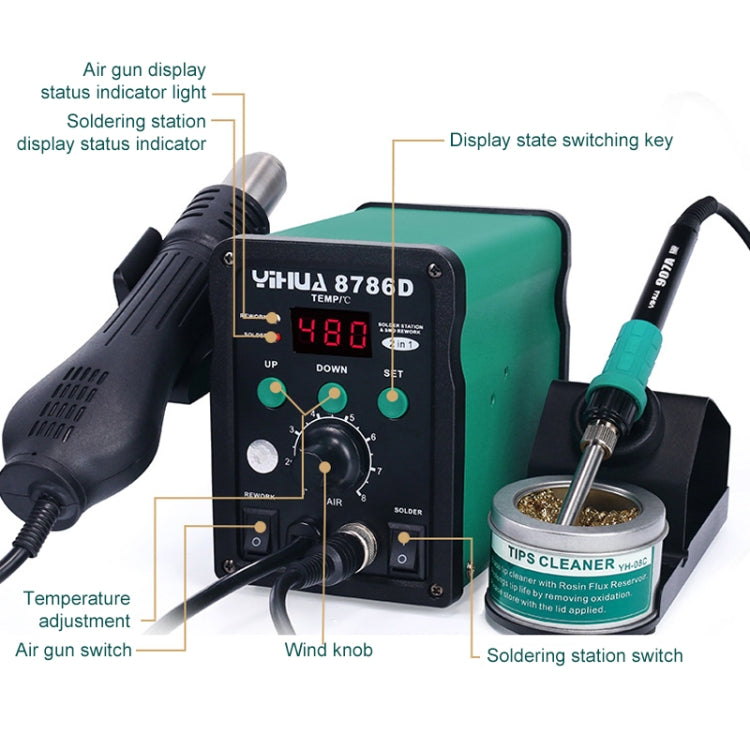 YIHUA 8786D 2 in 1 AC 220V LED Display Adjustable Temperature Hot Air Gun + Solder Station & Soldering Iron