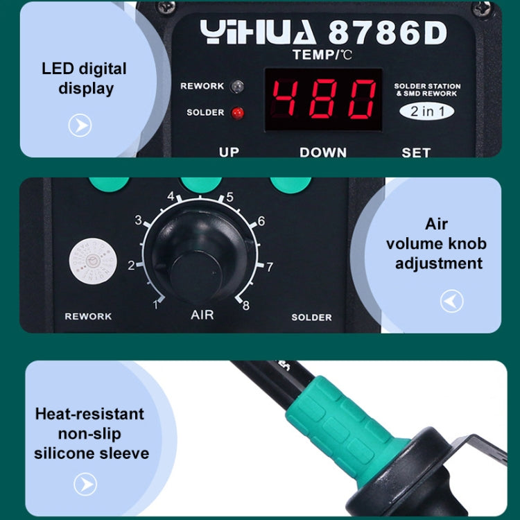 YIHUA 8786D 2 in 1 AC 220V LED Display Adjustable Temperature Hot Air Gun + Solder Station & Soldering Iron