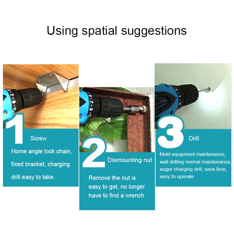 VOTO 16.8V Stepless Speed Regulation Rechargeable Hand Drill Set Electric Drill Power Tools with LED Light, AC 220V, US Plug, Random Color Delivery